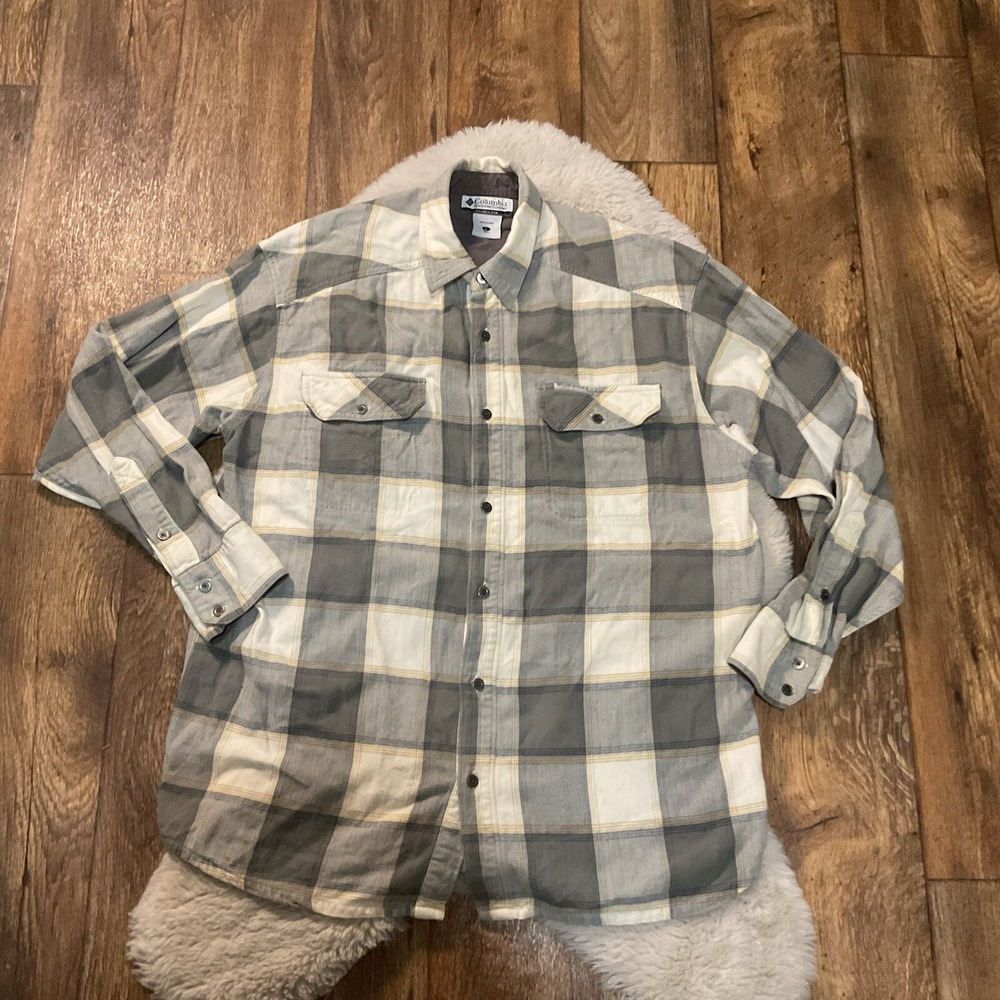 Columbia Flannel Shirt Size Large Men's Cotton Gray White Plaid Button Front